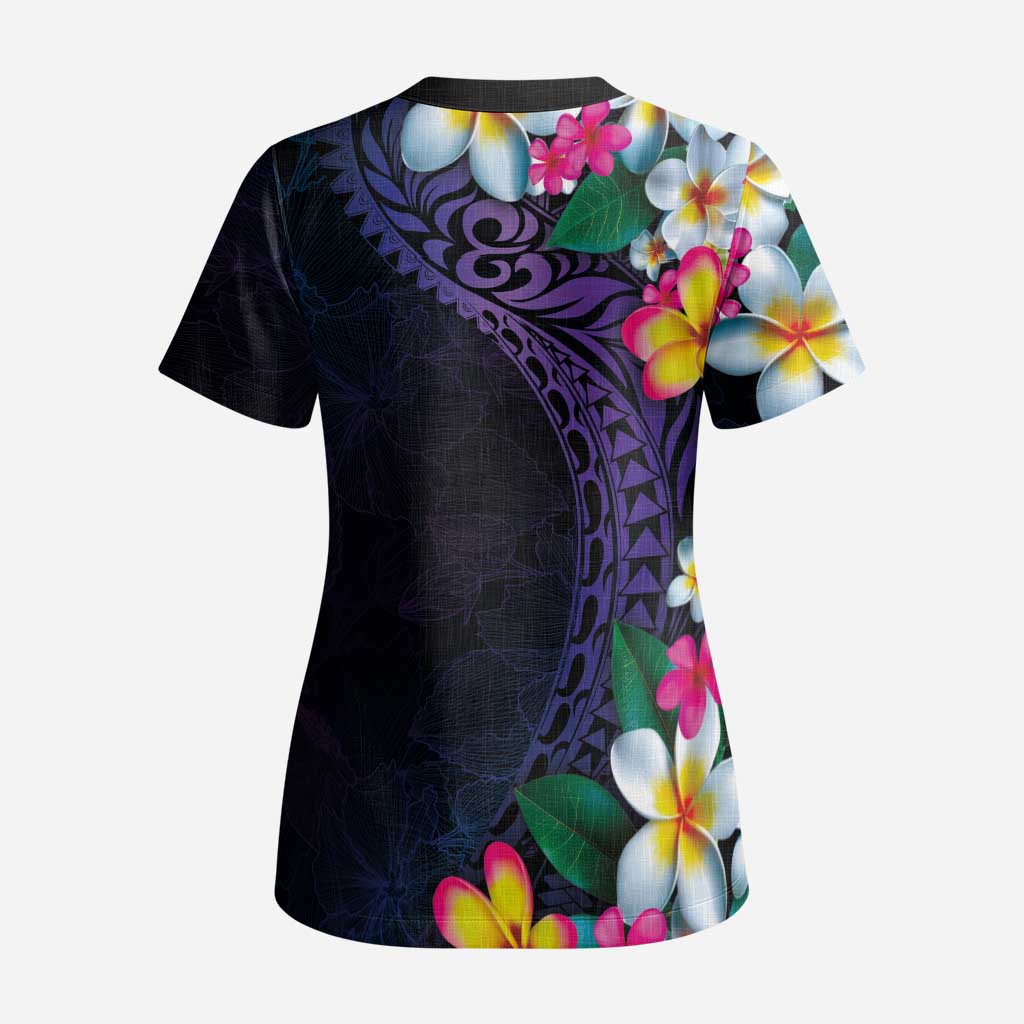 Hawaiian Plumeria-Polynesian Art Tattoo Frosted Blue Violet Color Scrub Top - Polynesian Pride