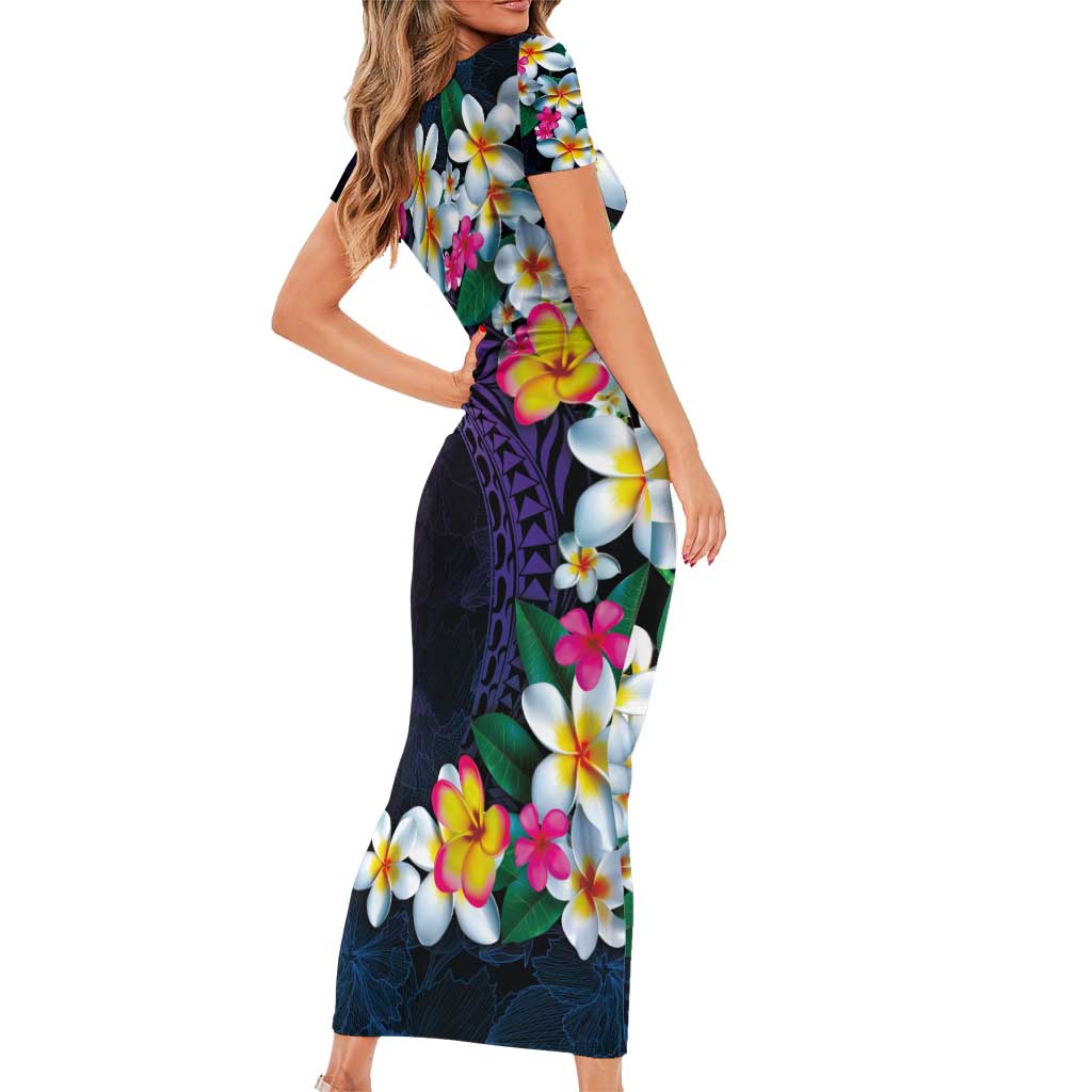 Hawaiian Plumeria-Polynesian Art Tattoo Frosted Blue Violet Color Short Sleeve Bodycon Dress