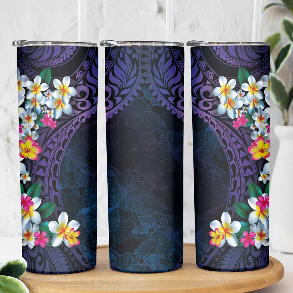 Hawaiian Plumeria-Polynesian Art Tattoo Frosted Blue Violet Color Skinny Tumbler