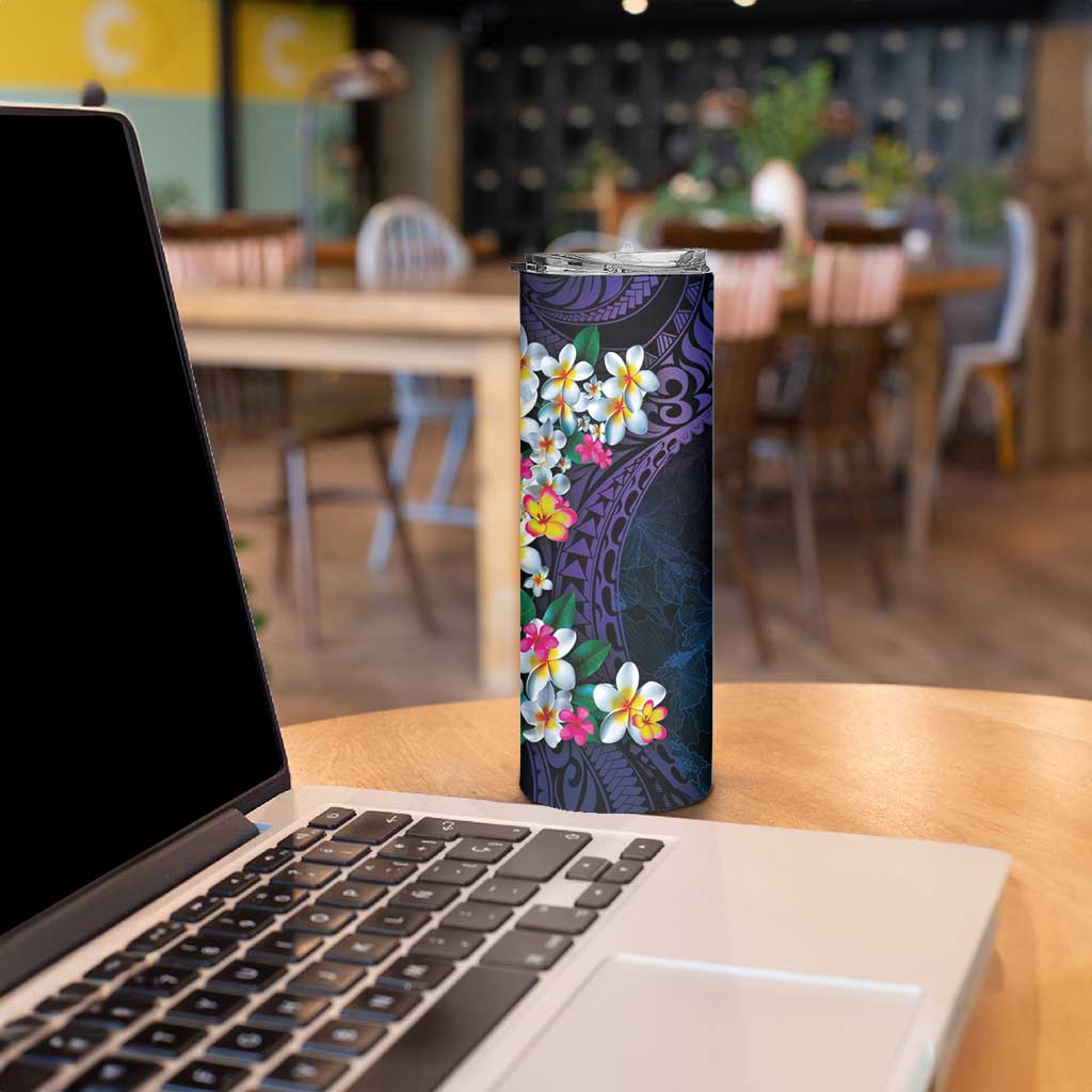 Hawaiian Plumeria-Polynesian Art Tattoo Frosted Blue Violet Color Skinny Tumbler