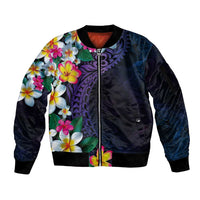 Hawaiian Plumeria-Polynesian Art Tattoo Frosted Blue Violet Color Sleeve Zip Bomber Jacket
