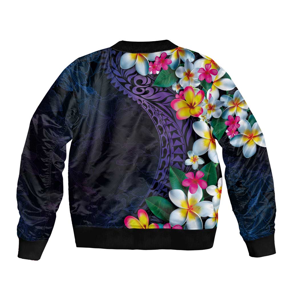 Hawaiian Plumeria-Polynesian Art Tattoo Frosted Blue Violet Color Sleeve Zip Bomber Jacket