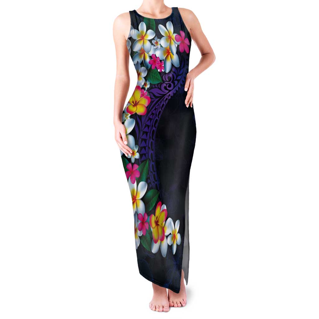 Hawaiian Plumeria-Polynesian Art Tattoo Frosted Blue Violet Color Tank Maxi Dress