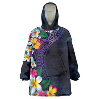Hawaiian Plumeria-Polynesian Art Tattoo Frosted Blue Violet Color Wearable Blanket Hoodie
