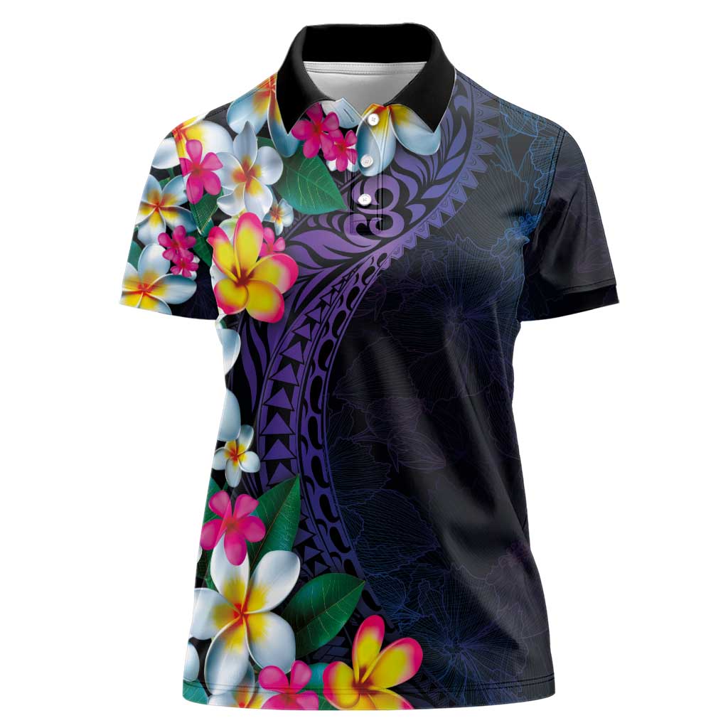 Hawaiian Plumeria-Polynesian Art Tattoo Frosted Blue Violet Color Women Polo Shirt