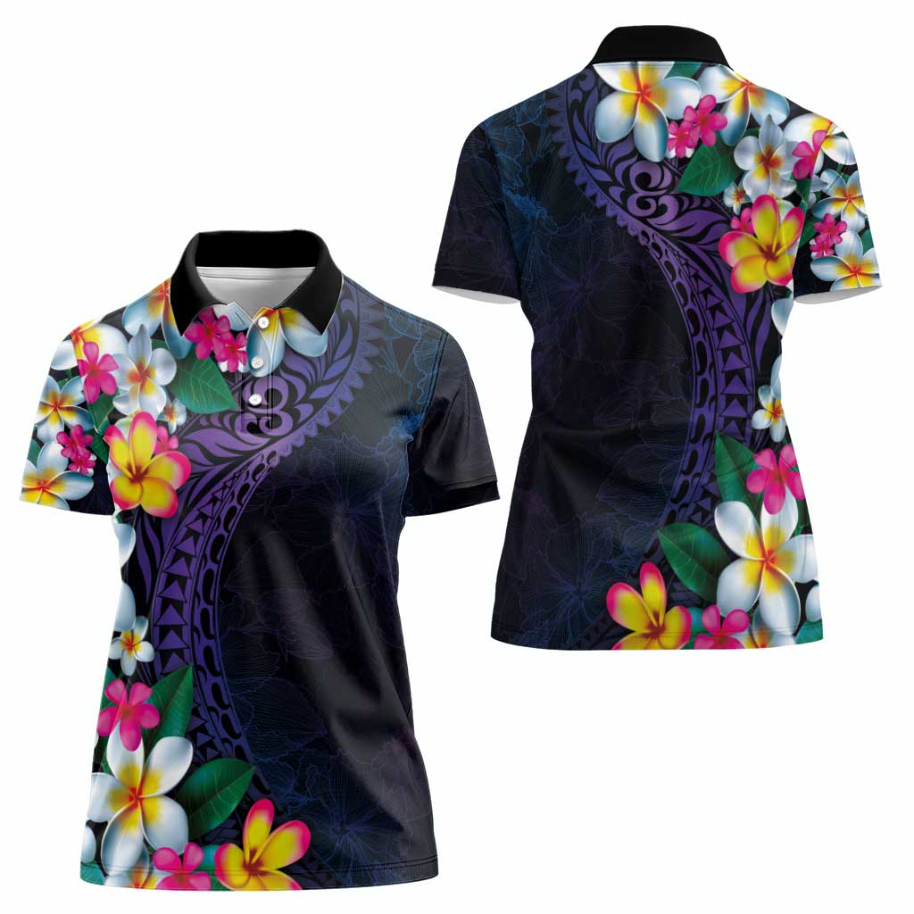 Hawaiian Plumeria-Polynesian Art Tattoo Frosted Blue Violet Color Women Polo Shirt
