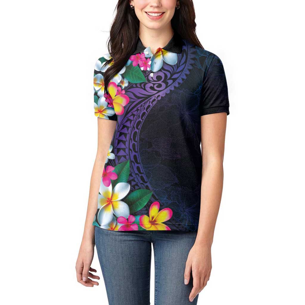 Hawaiian Plumeria-Polynesian Art Tattoo Frosted Blue Violet Color Women Polo Shirt