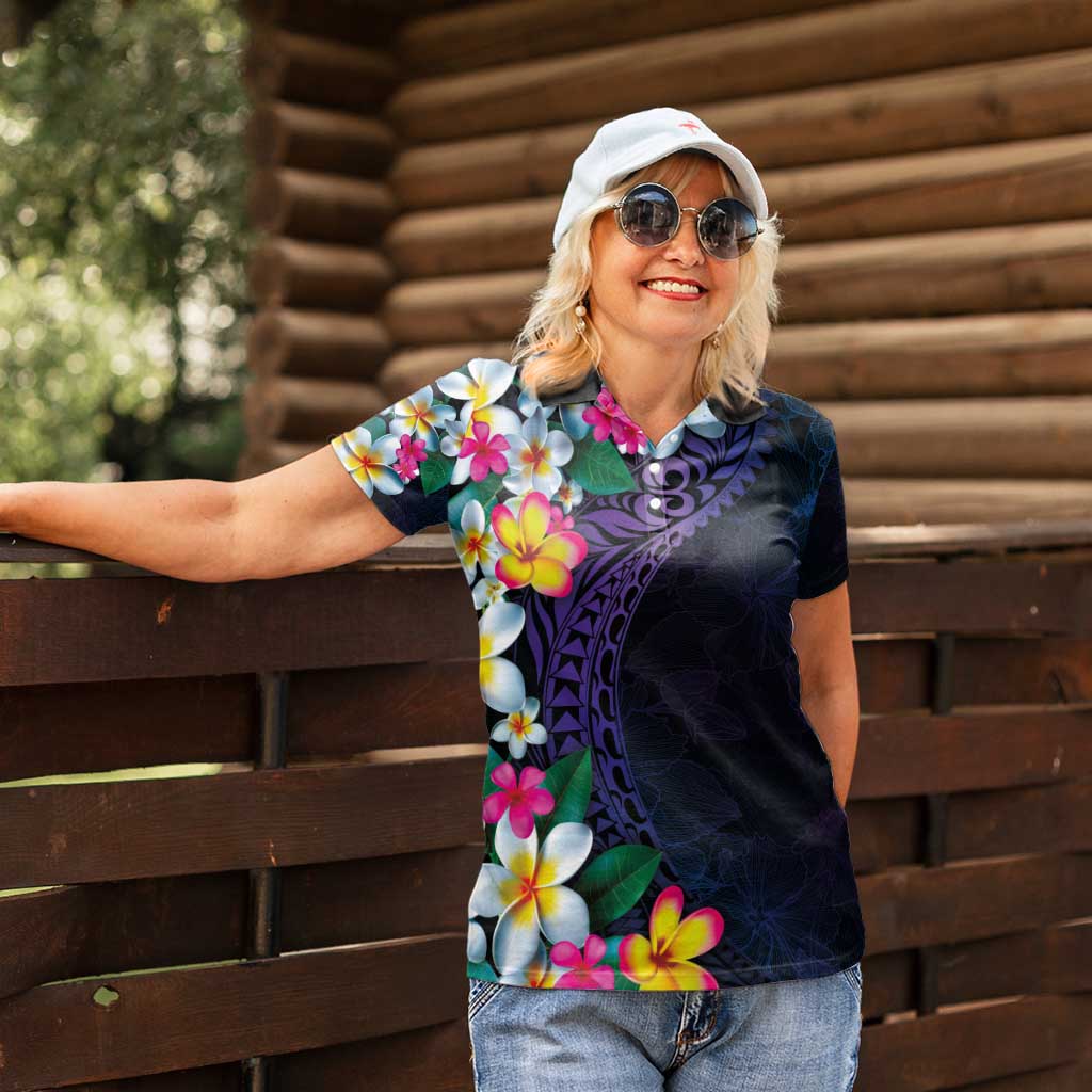 Hawaiian Plumeria-Polynesian Art Tattoo Frosted Blue Violet Color Women Polo Shirt