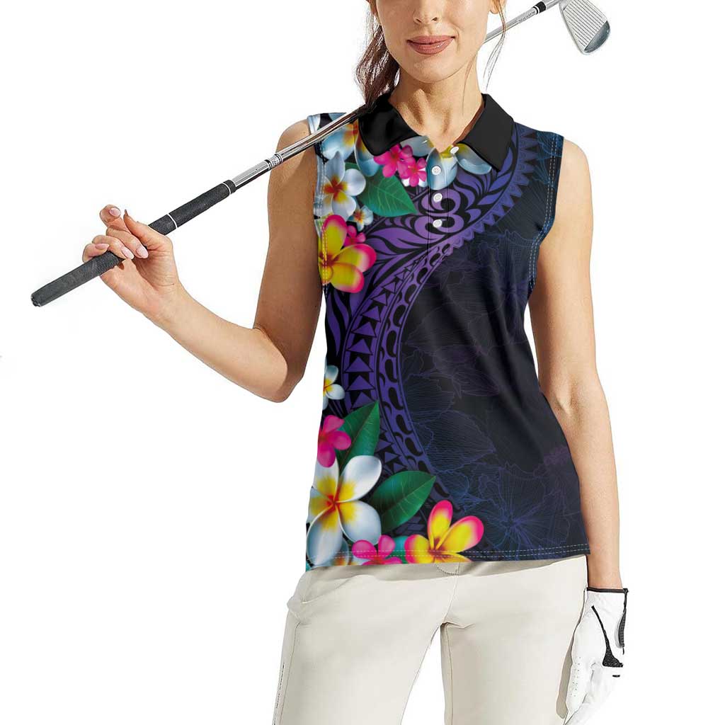 Hawaiian Plumeria-Polynesian Art Tattoo Frosted Blue Violet Color Women Sleeveless Polo Shirt