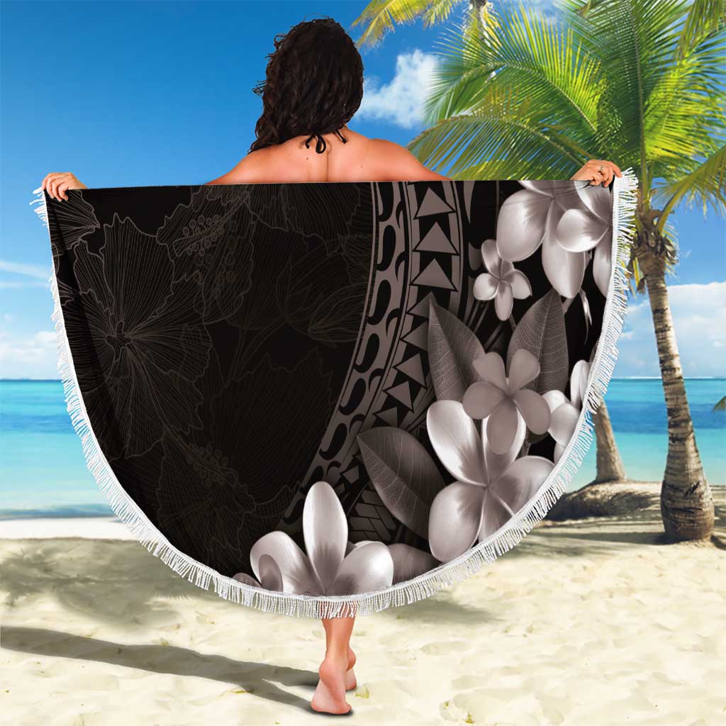 Hawaiian Plumeria-Polynesian Art Tattoo Grayscale Color Beach Blanket