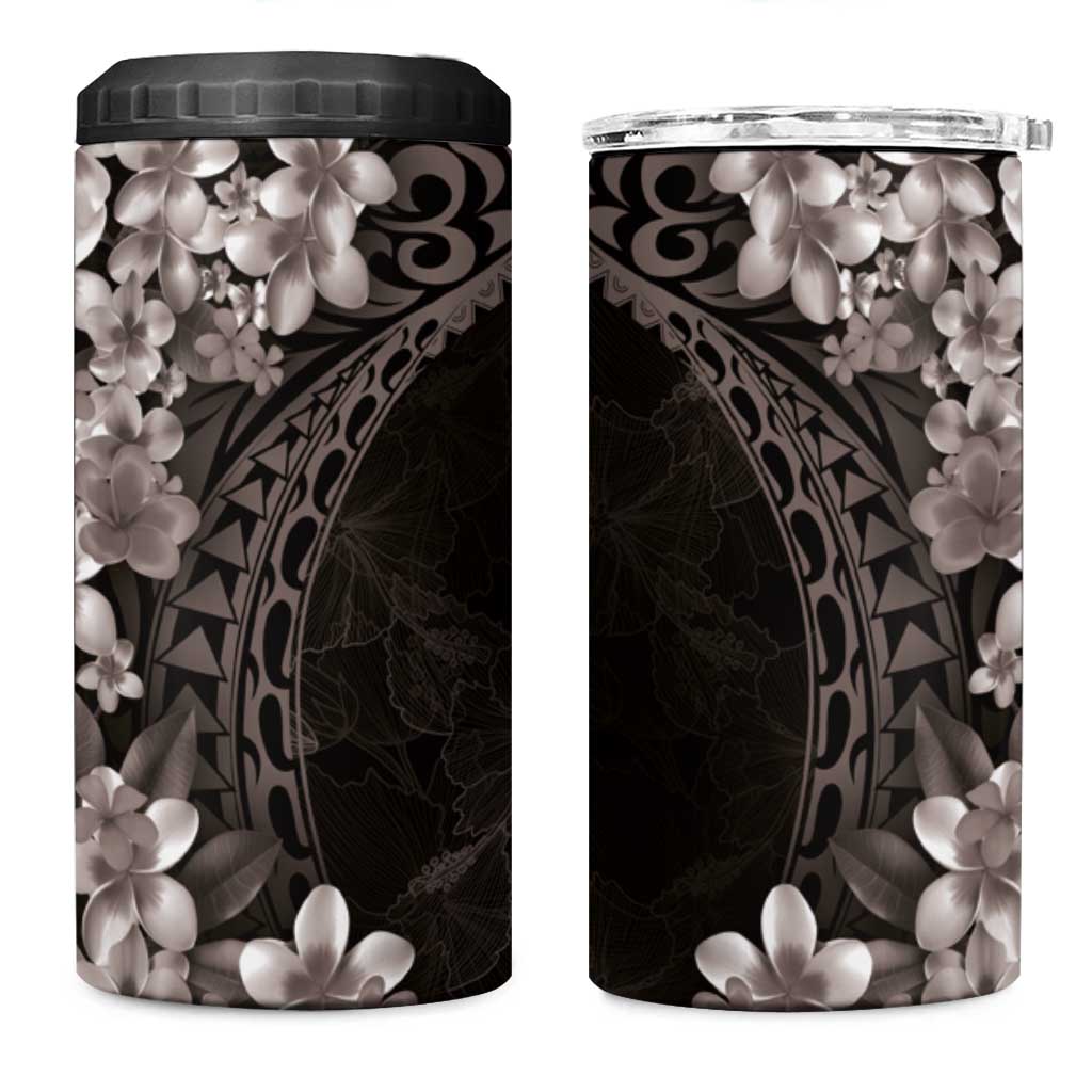Hawaiian Plumeria-Polynesian Art Tattoo Grayscale Color 4 in 1 Can Cooler Tumbler