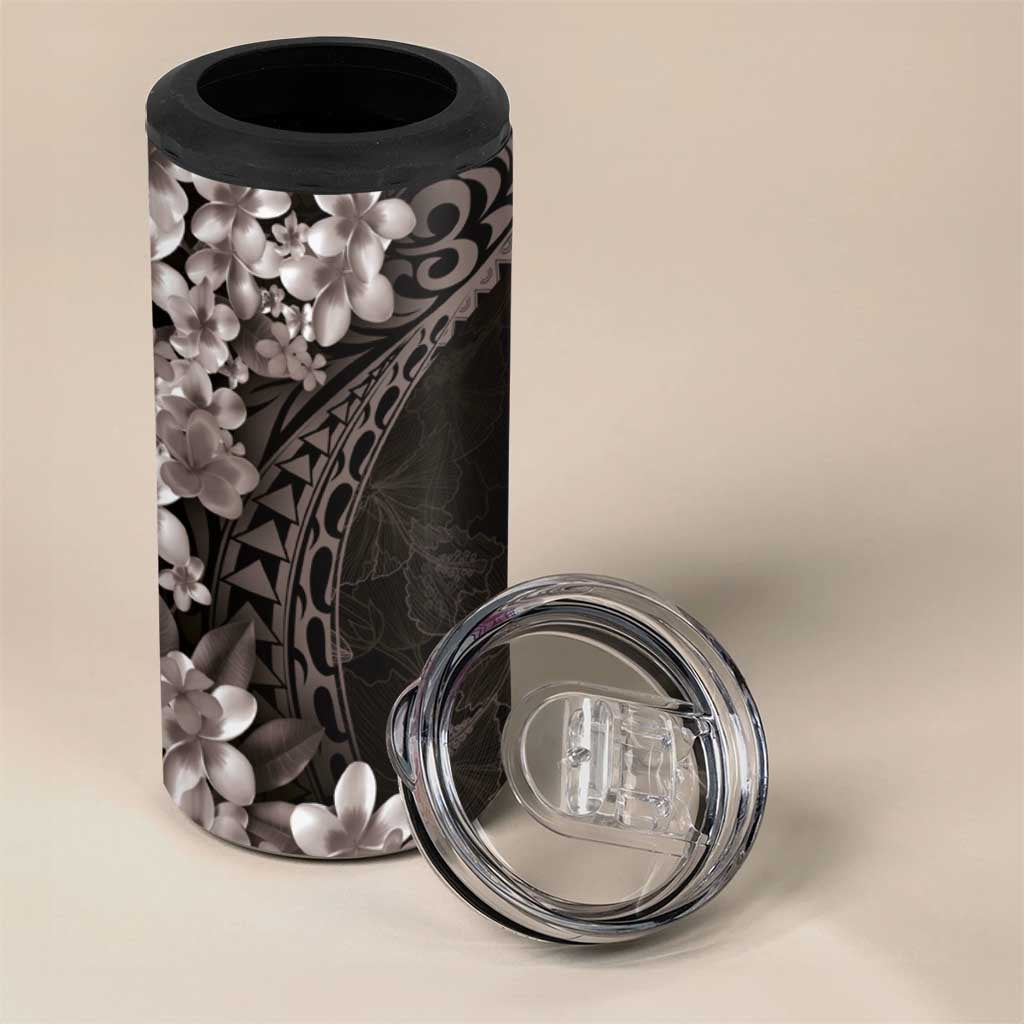 Hawaiian Plumeria-Polynesian Art Tattoo Grayscale Color 4 in 1 Can Cooler Tumbler