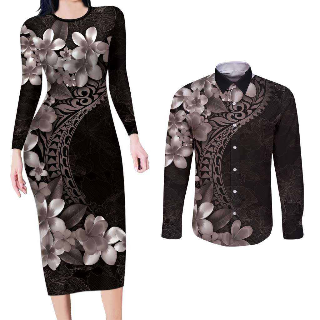 Hawaiian Plumeria-Polynesian Art Tattoo Grayscale Color Couples Matching Long Sleeve Bodycon Dress and Long Sleeve Button Shirt