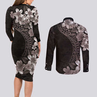 Hawaiian Plumeria-Polynesian Art Tattoo Grayscale Color Couples Matching Long Sleeve Bodycon Dress and Long Sleeve Button Shirt