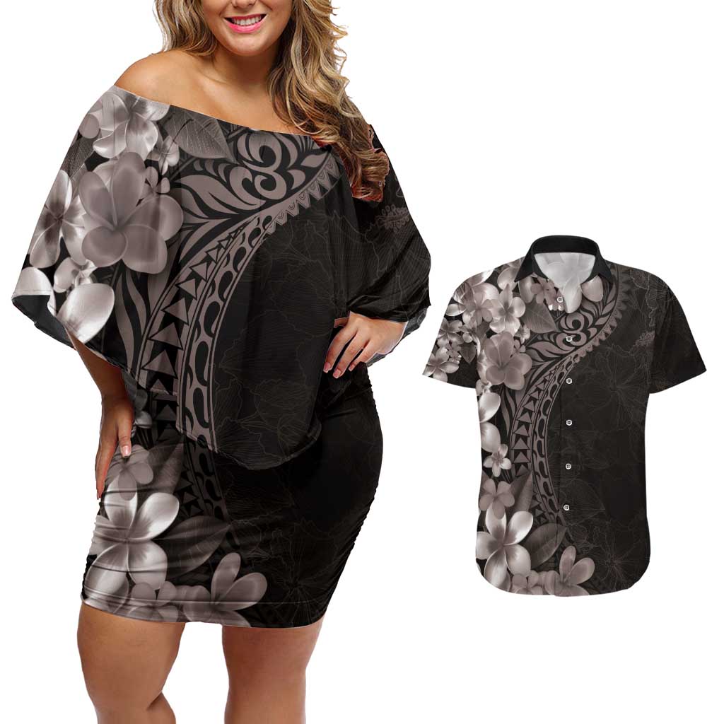 Hawaiian Plumeria-Polynesian Art Tattoo Grayscale Color Couples Matching Off Shoulder Short Dress and Hawaiian Shirt