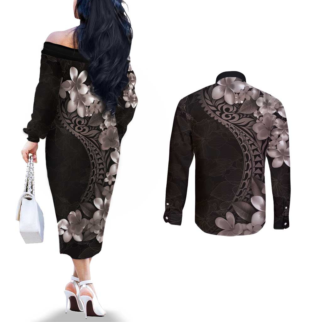 Hawaiian Plumeria-Polynesian Art Tattoo Grayscale Color Couples Matching Off The Shoulder Long Sleeve Dress and Long Sleeve Button Shirt