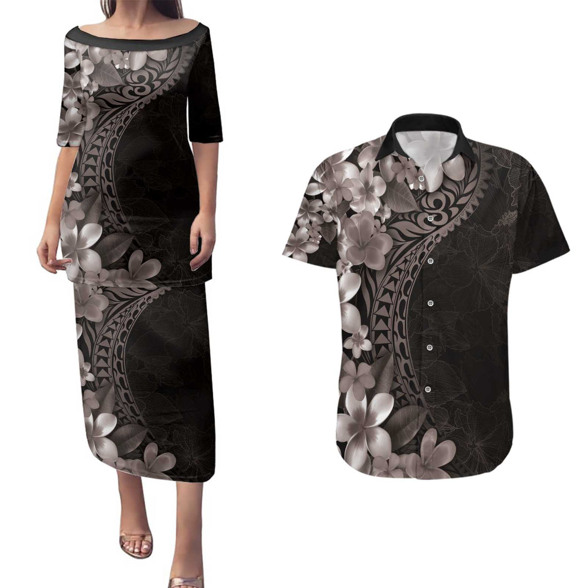 Hawaiian Plumeria-Polynesian Art Tattoo Grayscale Color Couples Matching Puletasi and Hawaiian Shirt
