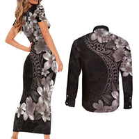Hawaiian Plumeria-Polynesian Art Tattoo Grayscale Color Couples Matching Short Sleeve Bodycon Dress and Long Sleeve Button Shirt