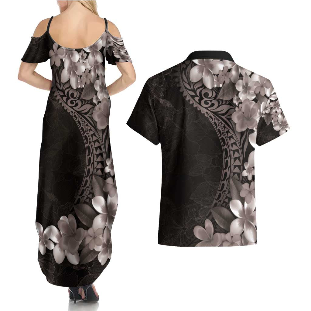 Hawaiian Plumeria-Polynesian Art Tattoo Grayscale Color Couples Matching Summer Maxi Dress and Hawaiian Shirt