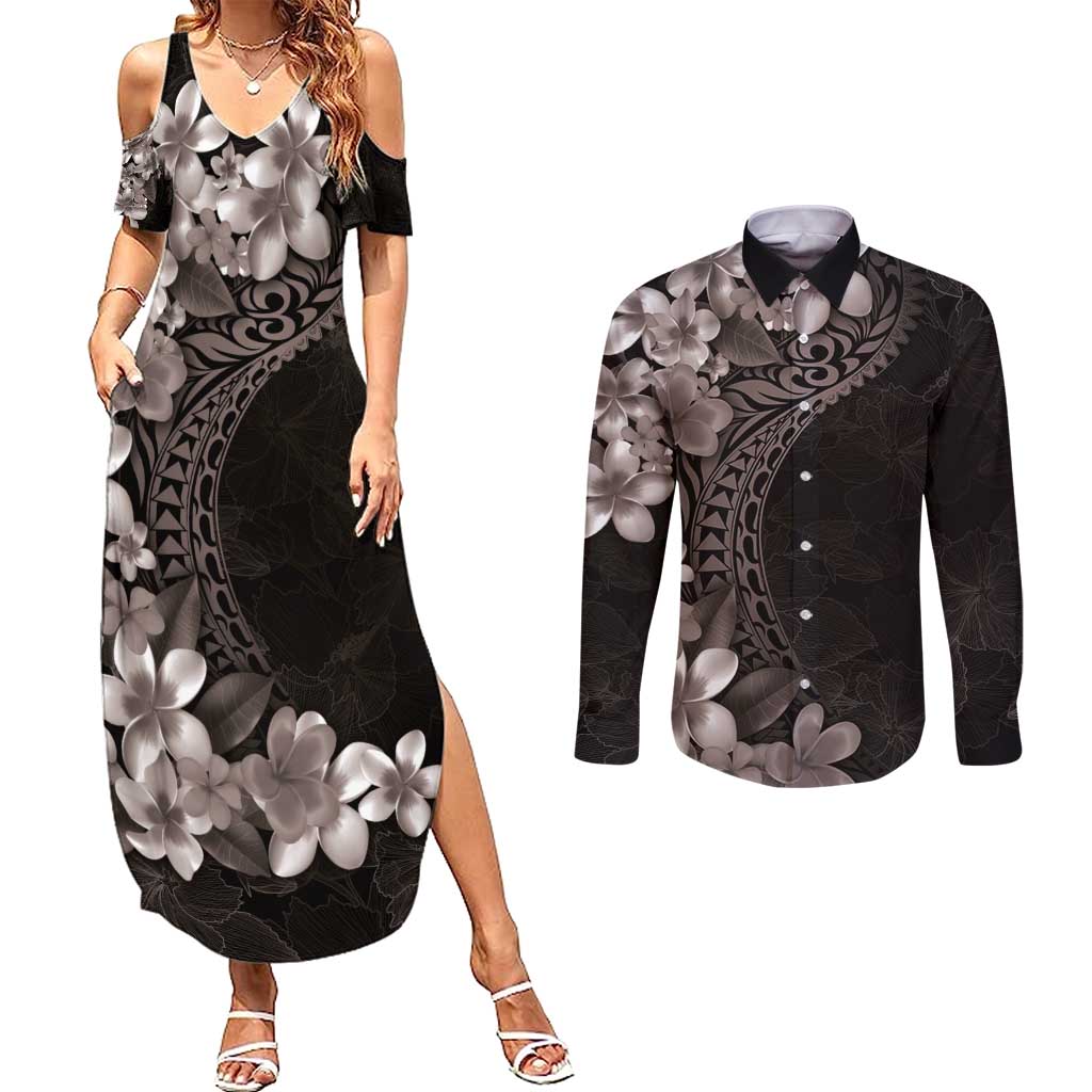 Hawaiian Plumeria-Polynesian Art Tattoo Grayscale Color Couples Matching Summer Maxi Dress and Long Sleeve Button Shirt