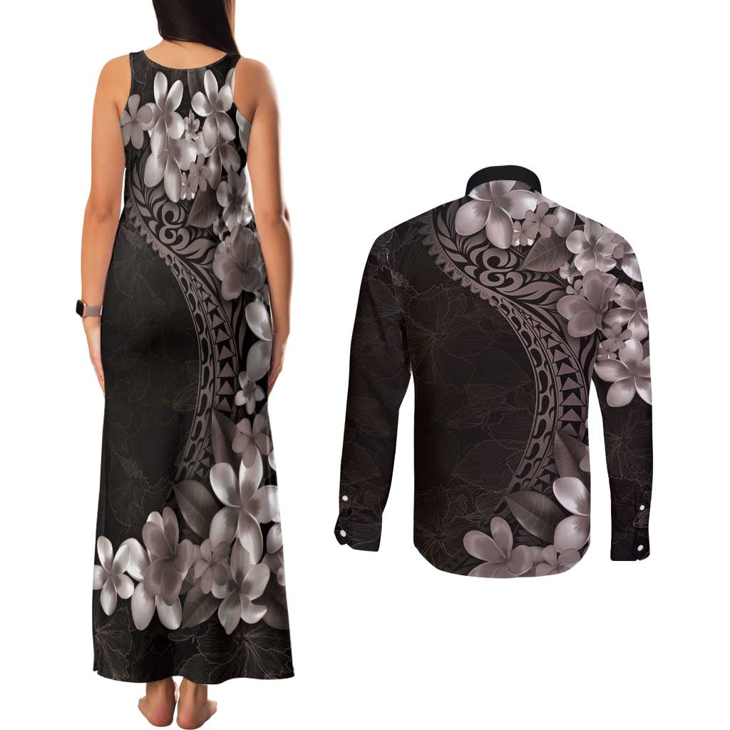 Hawaiian Plumeria-Polynesian Art Tattoo Grayscale Color Couples Matching Tank Maxi Dress and Long Sleeve Button Shirt