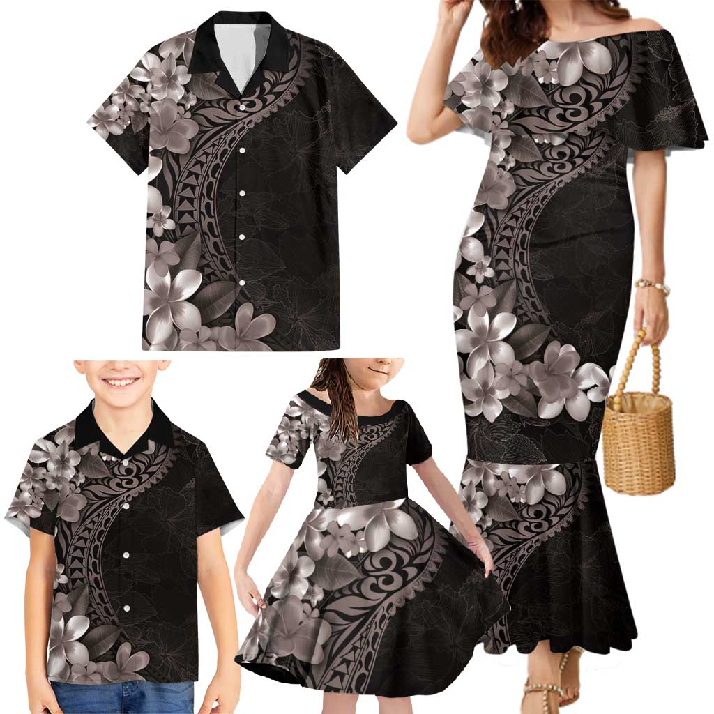 Hawaiian Plumeria-Polynesian Art Tattoo Grayscale Color Family Matching Mermaid Dress and Hawaiian Shirt