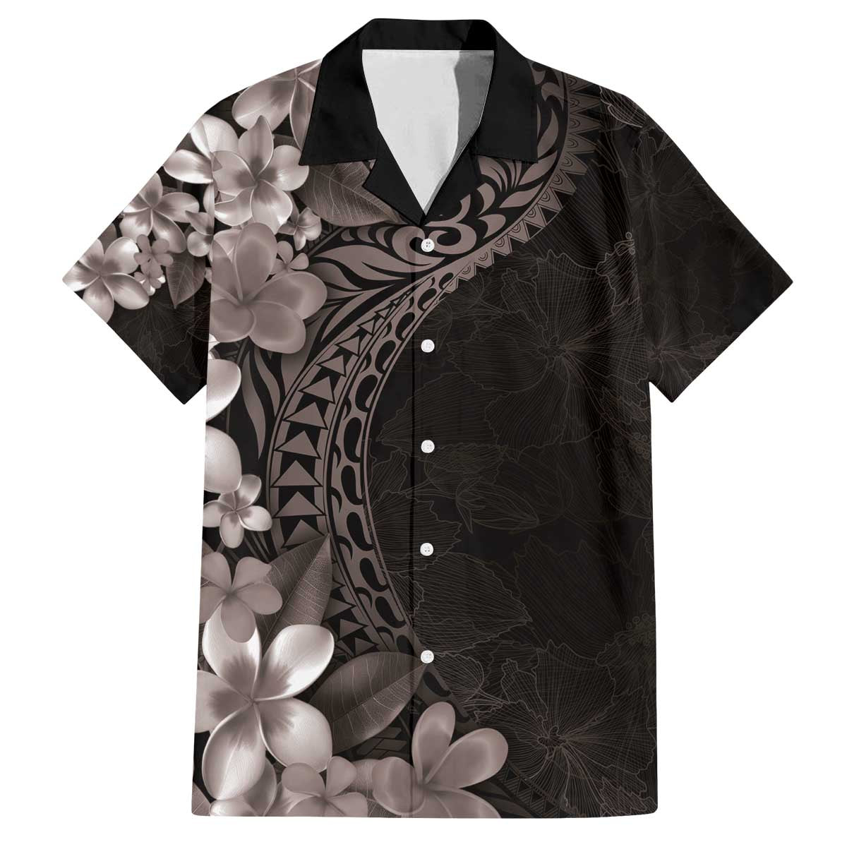 Hawaiian Plumeria-Polynesian Art Tattoo Grayscale Color Family Matching Off The Shoulder Long Sleeve Dress and Hawaiian Shirt
