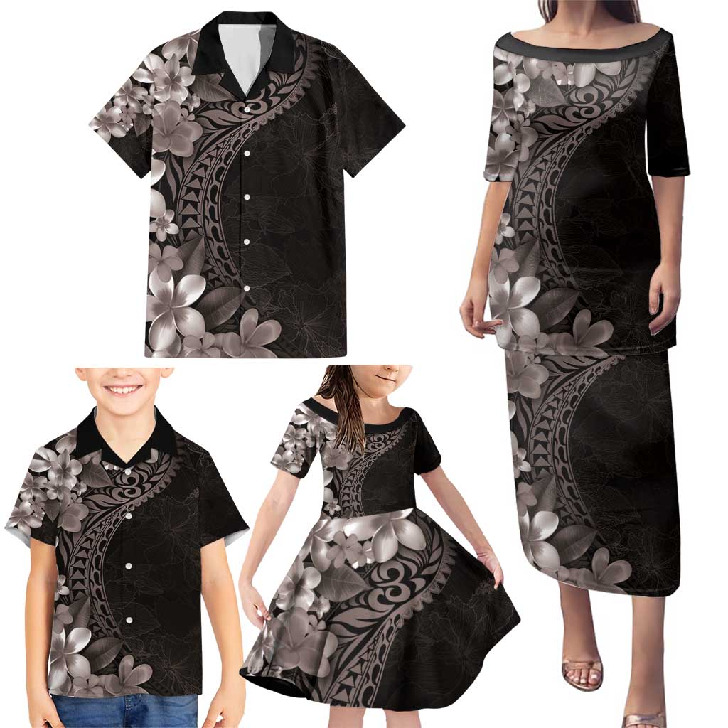 Hawaiian Plumeria-Polynesian Art Tattoo Grayscale Color Family Matching Puletasi and Hawaiian Shirt