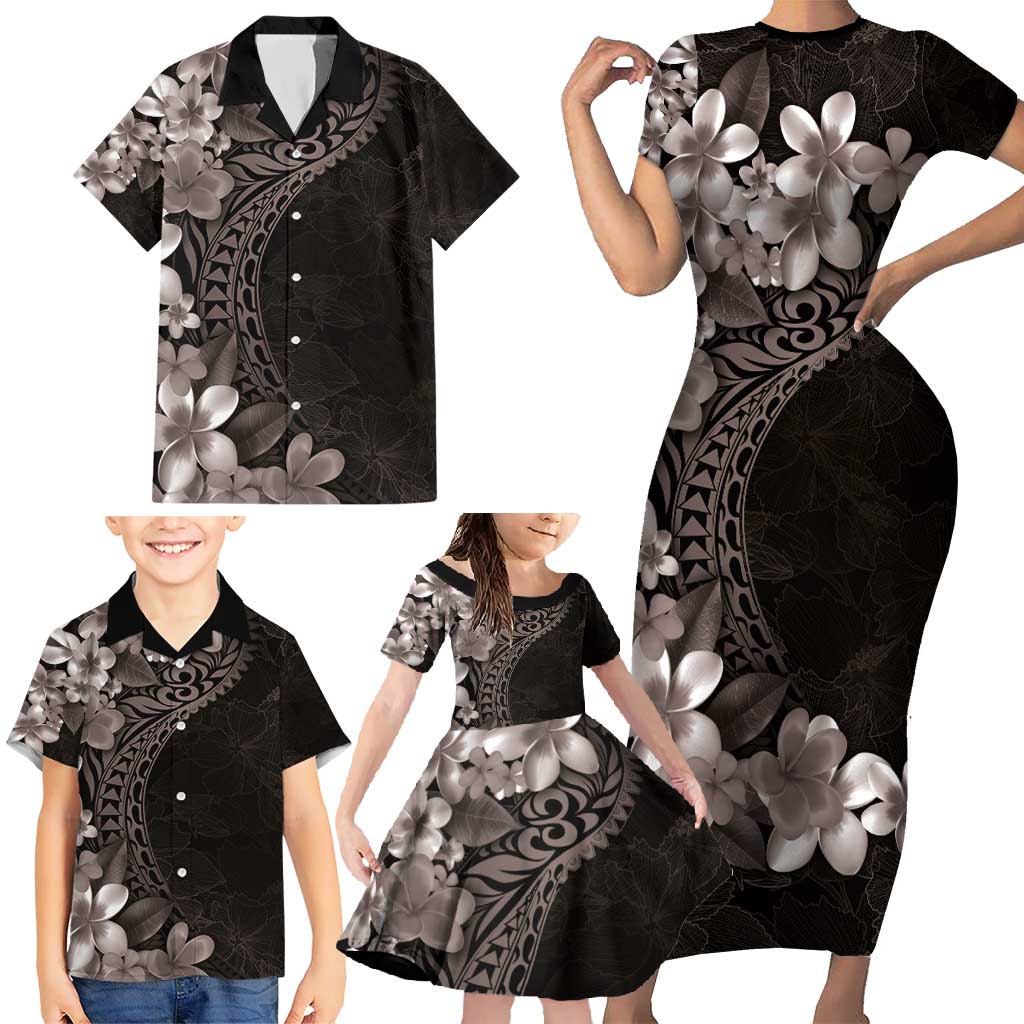 Hawaiian Plumeria-Polynesian Art Tattoo Grayscale Color Family Matching Short Sleeve Bodycon Dress and Hawaiian Shirt