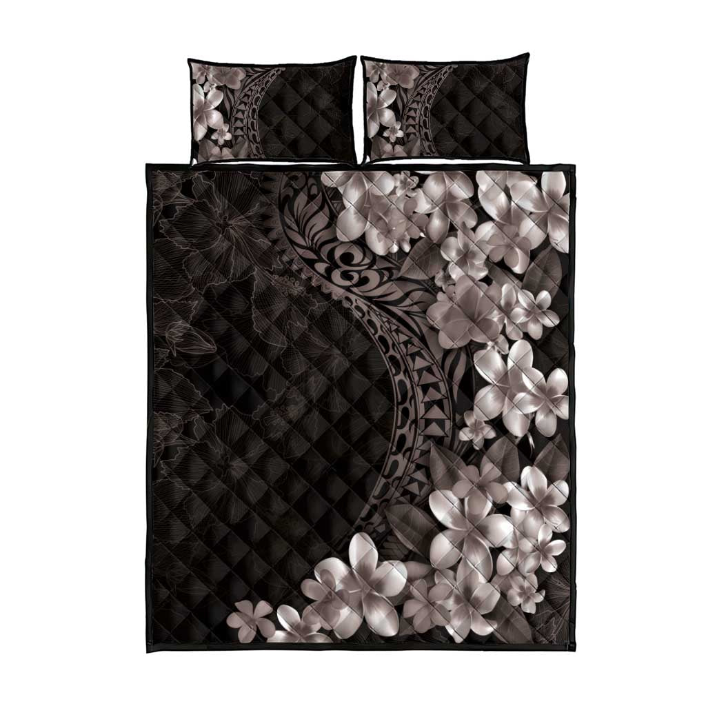 Hawaiian Plumeria-Polynesian Art Tattoo Grayscale Color Quilt Bed Set