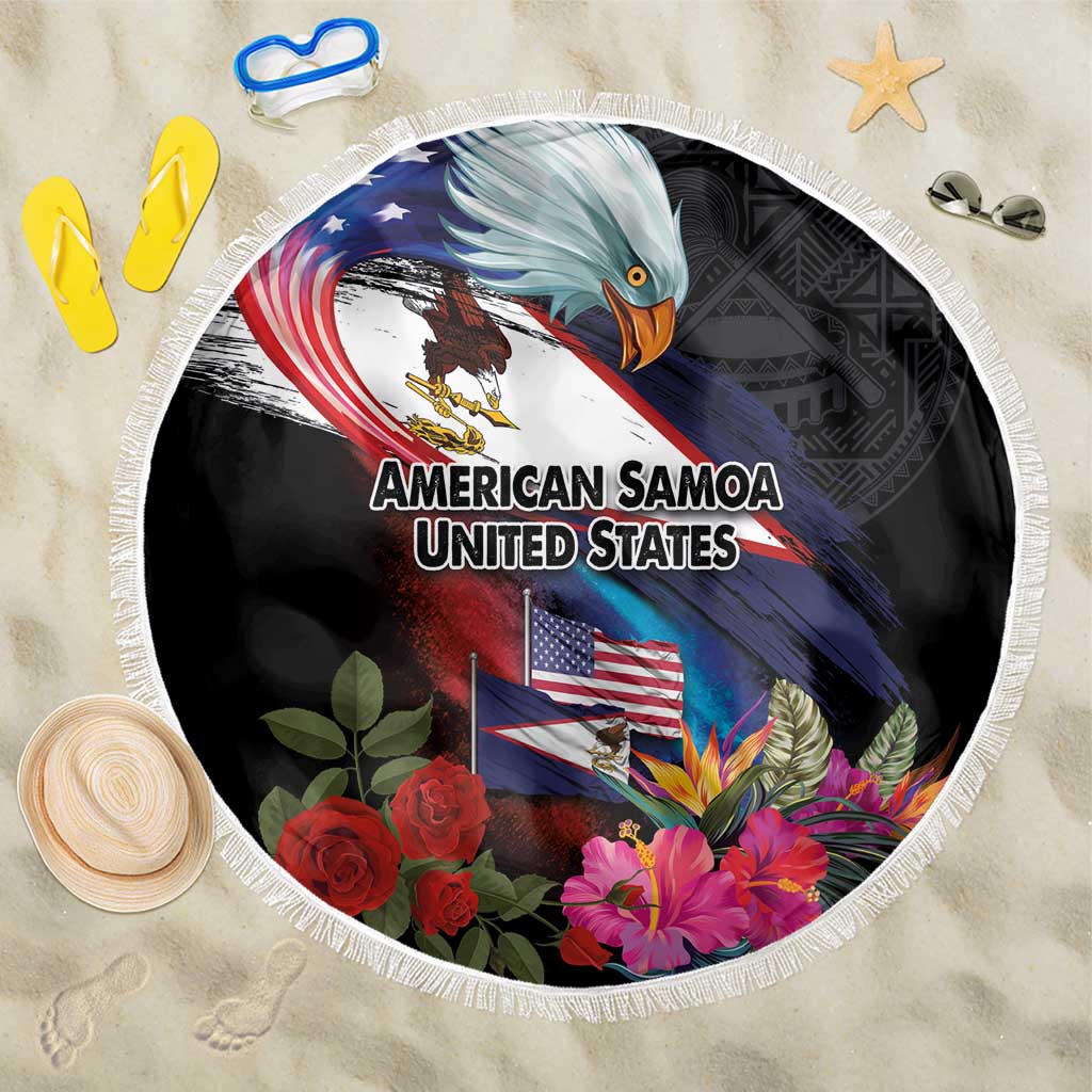American Samoa and United States Together Beach Blanket National Flag with Eagle-Hibiscus and Rose