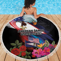 American Samoa and United States Together Beach Blanket National Flag with Eagle-Hibiscus and Rose