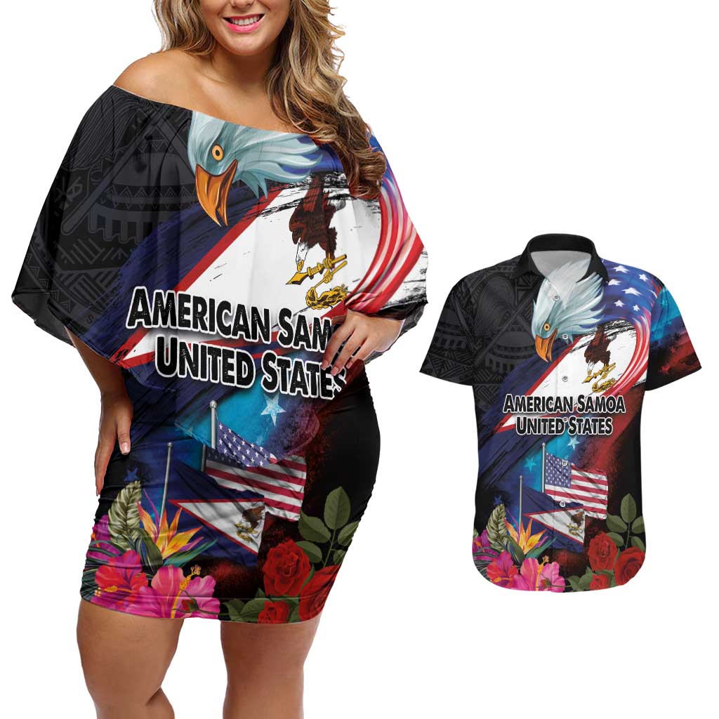 American Samoa and United States Together Couples Matching Off Shoulder Short Dress and Hawaiian Shirt National Flag with Eagle-Hibiscus and Rose