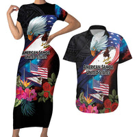 American Samoa and United States Together Couples Matching Short Sleeve Bodycon Dress and Hawaiian Shirt National Flag with Eagle-Hibiscus and Rose
