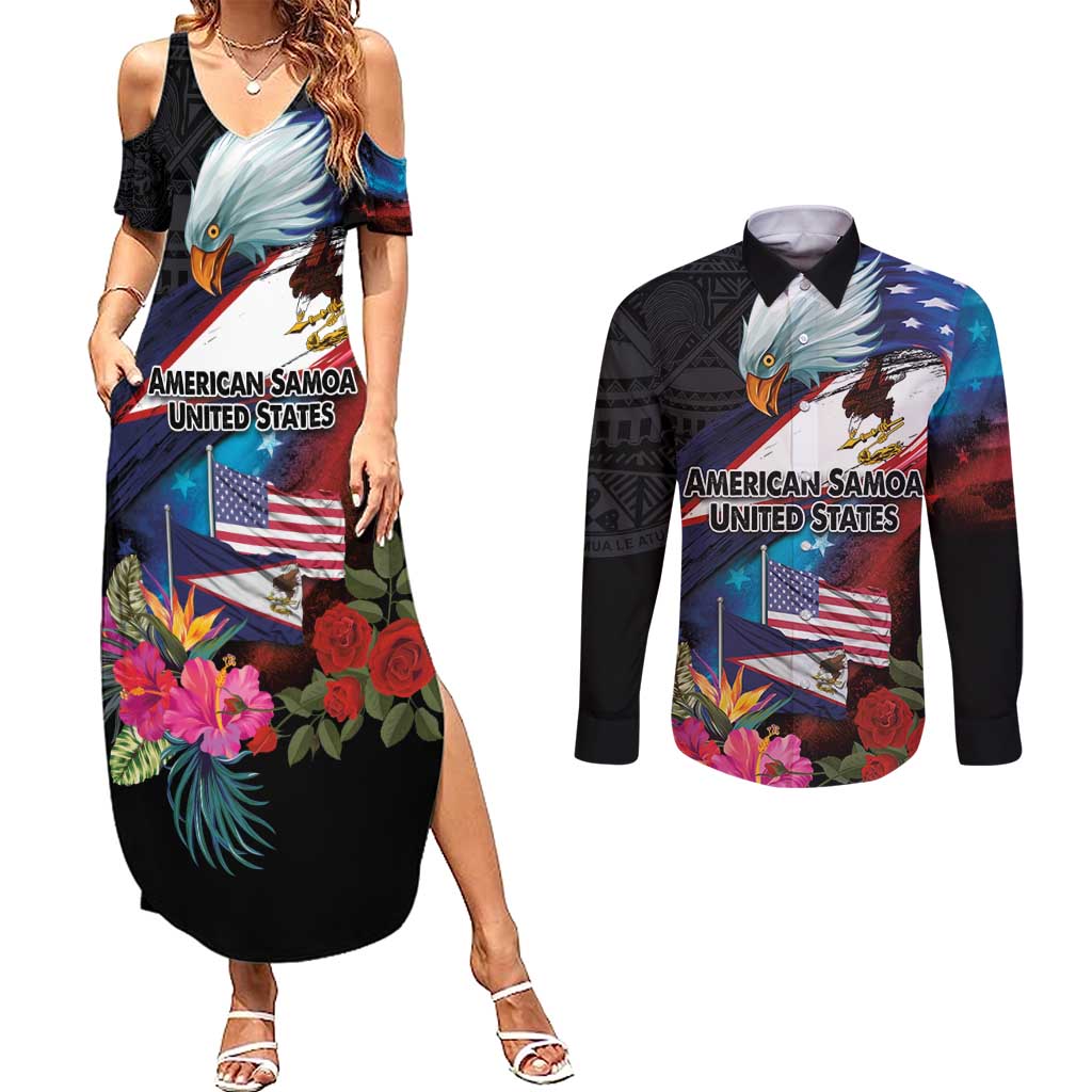 American Samoa and United States Together Couples Matching Summer Maxi Dress and Long Sleeve Button Shirt National Flag with Eagle-Hibiscus and Rose