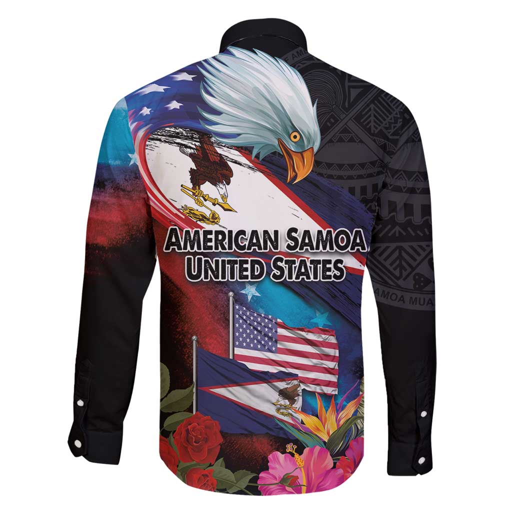 American Samoa and United States Together Family Matching Long Sleeve Bodycon Dress and Hawaiian Shirt National Flag with Eagle-Hibiscus and Rose