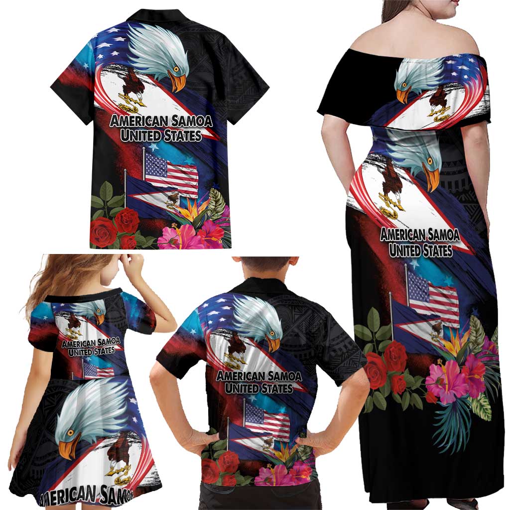American Samoa and United States Together Family Matching Off Shoulder Maxi Dress and Hawaiian Shirt National Flag with Eagle-Hibiscus and Rose