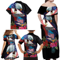 American Samoa and United States Together Family Matching Off Shoulder Maxi Dress and Hawaiian Shirt National Flag with Eagle-Hibiscus and Rose