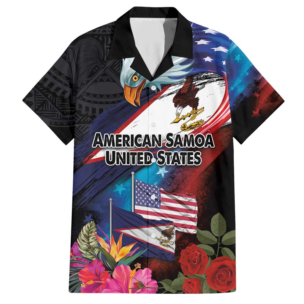 American Samoa and United States Together Hawaiian Shirt National Flag with Eagle-Hibiscus and Rose