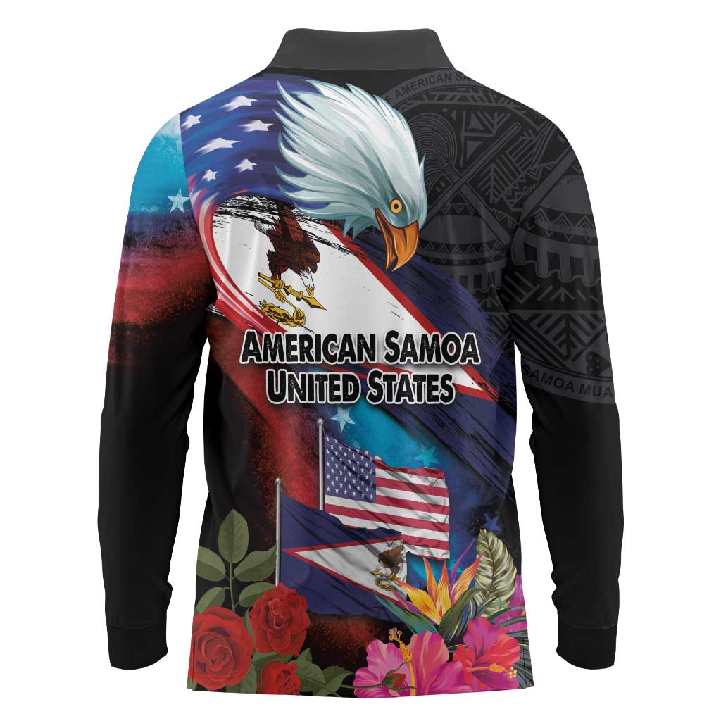 American Samoa and United States Together Long Sleeve Polo Shirt National Flag with Eagle-Hibiscus and Rose