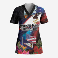 American Samoa and United States Together Scrub Top National Flag with Eagle-Hibiscus and Rose - Polynesian Pride