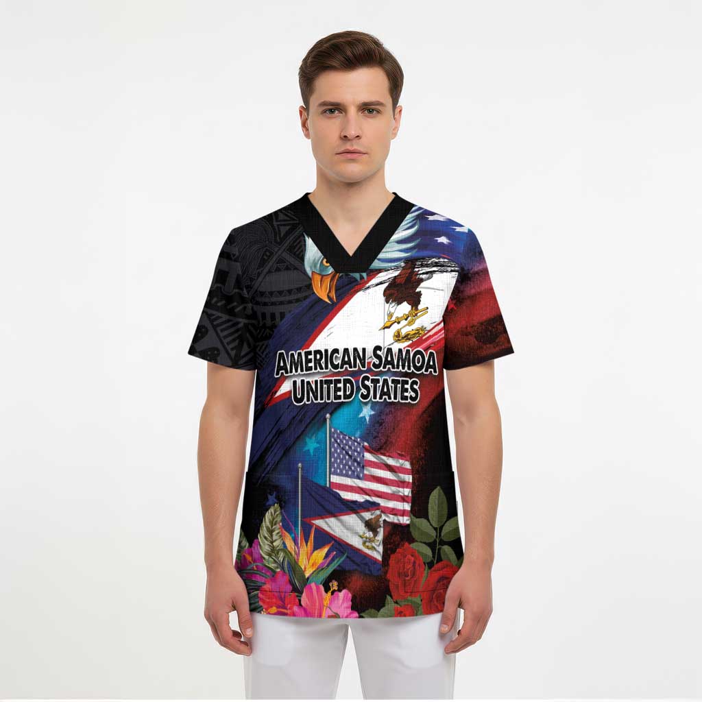 American Samoa and United States Together Scrub Top National Flag with Eagle-Hibiscus and Rose - Polynesian Pride