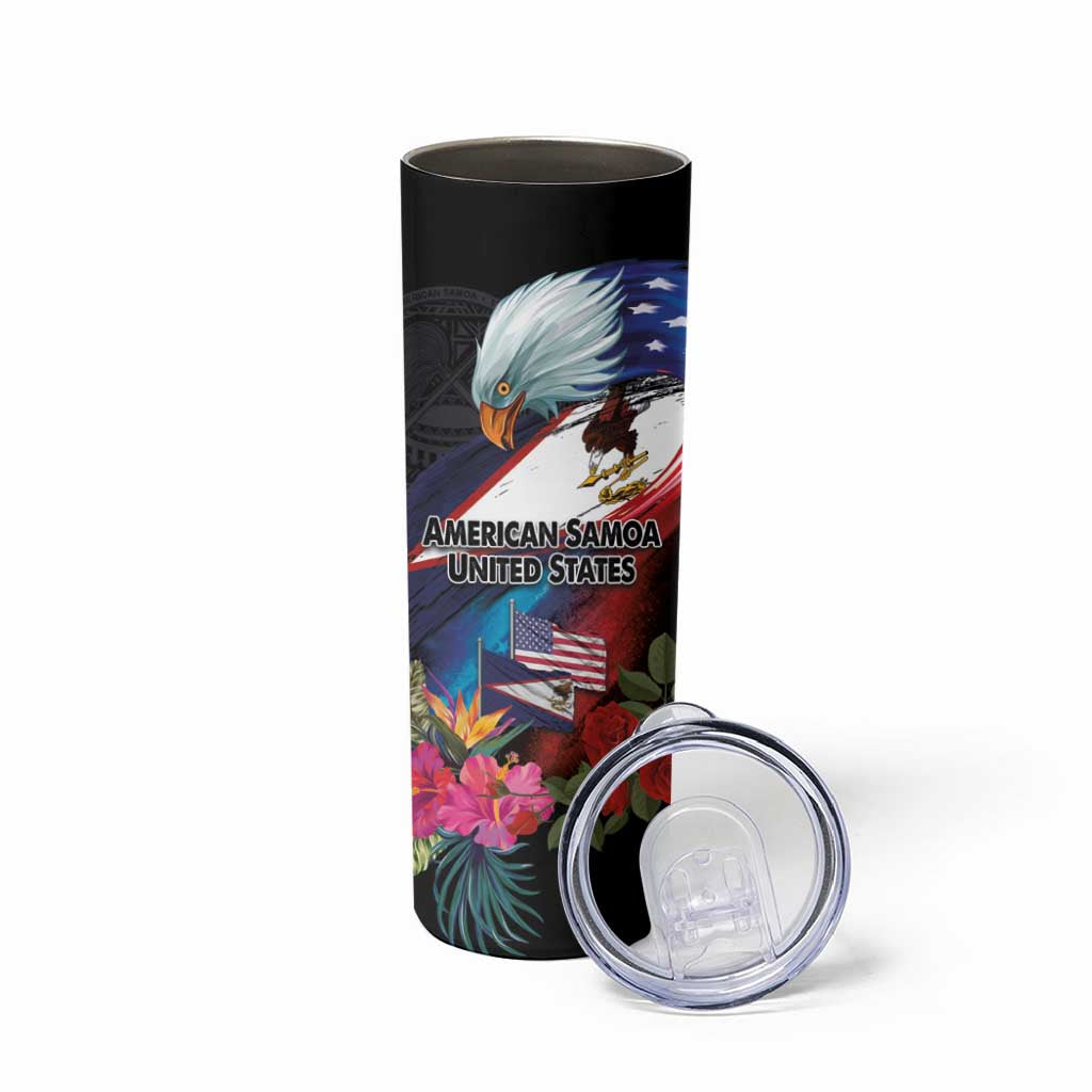 American Samoa and United States Together Skinny Tumbler National Flag with Eagle-Hibiscus and Rose