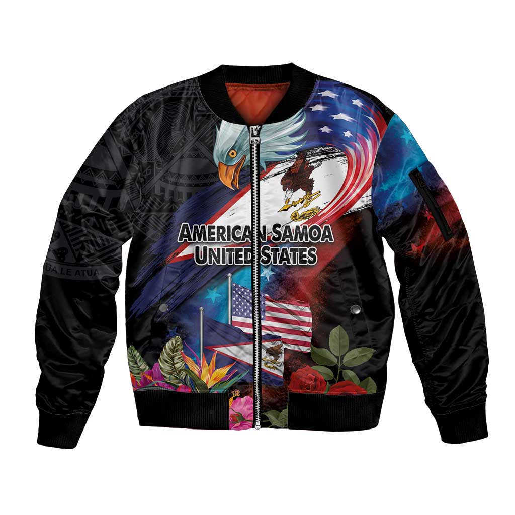 American Samoa and United States Together Sleeve Zip Bomber Jacket National Flag with Eagle-Hibiscus and Rose