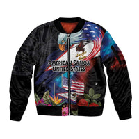 American Samoa and United States Together Sleeve Zip Bomber Jacket National Flag with Eagle-Hibiscus and Rose
