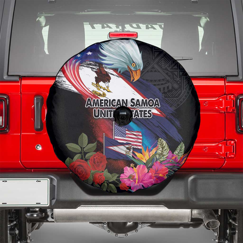 American Samoa and United States Together Spare Tire Cover National Flag with Eagle-Hibiscus and Rose