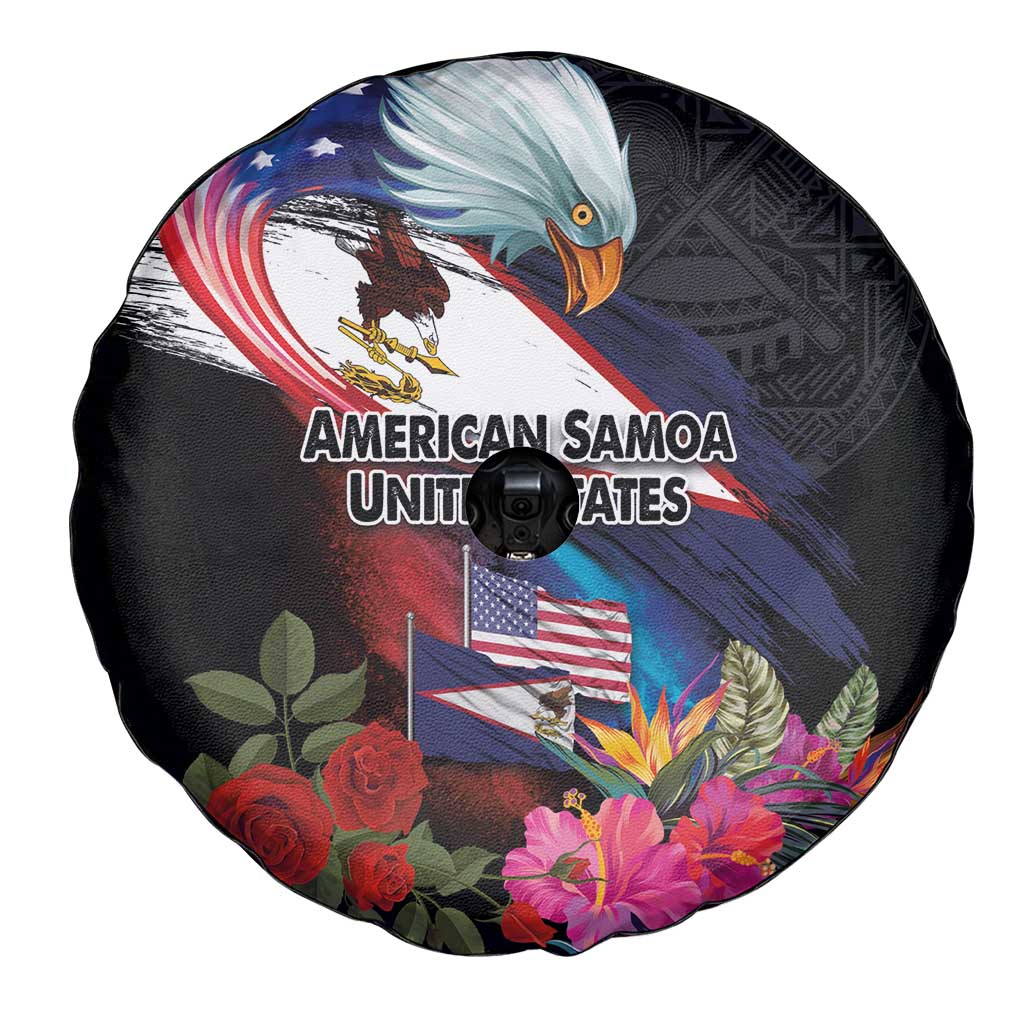 American Samoa and United States Together Spare Tire Cover National Flag with Eagle-Hibiscus and Rose