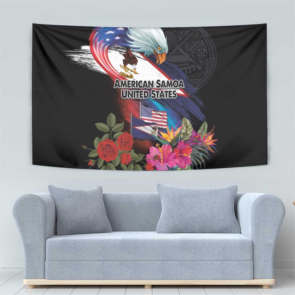 American Samoa and United States Together Tapestry National Flag with Eagle-Hibiscus and Rose