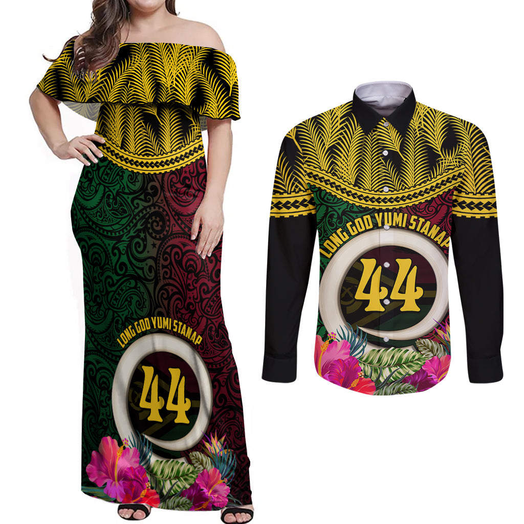 Vanuatu 44th Anniversary Independence Day Couples Matching Off Shoulder Maxi Dress and Long Sleeve Button Shirt Boars Tusk and Namele Plant LT03 Black - Polynesian Pride