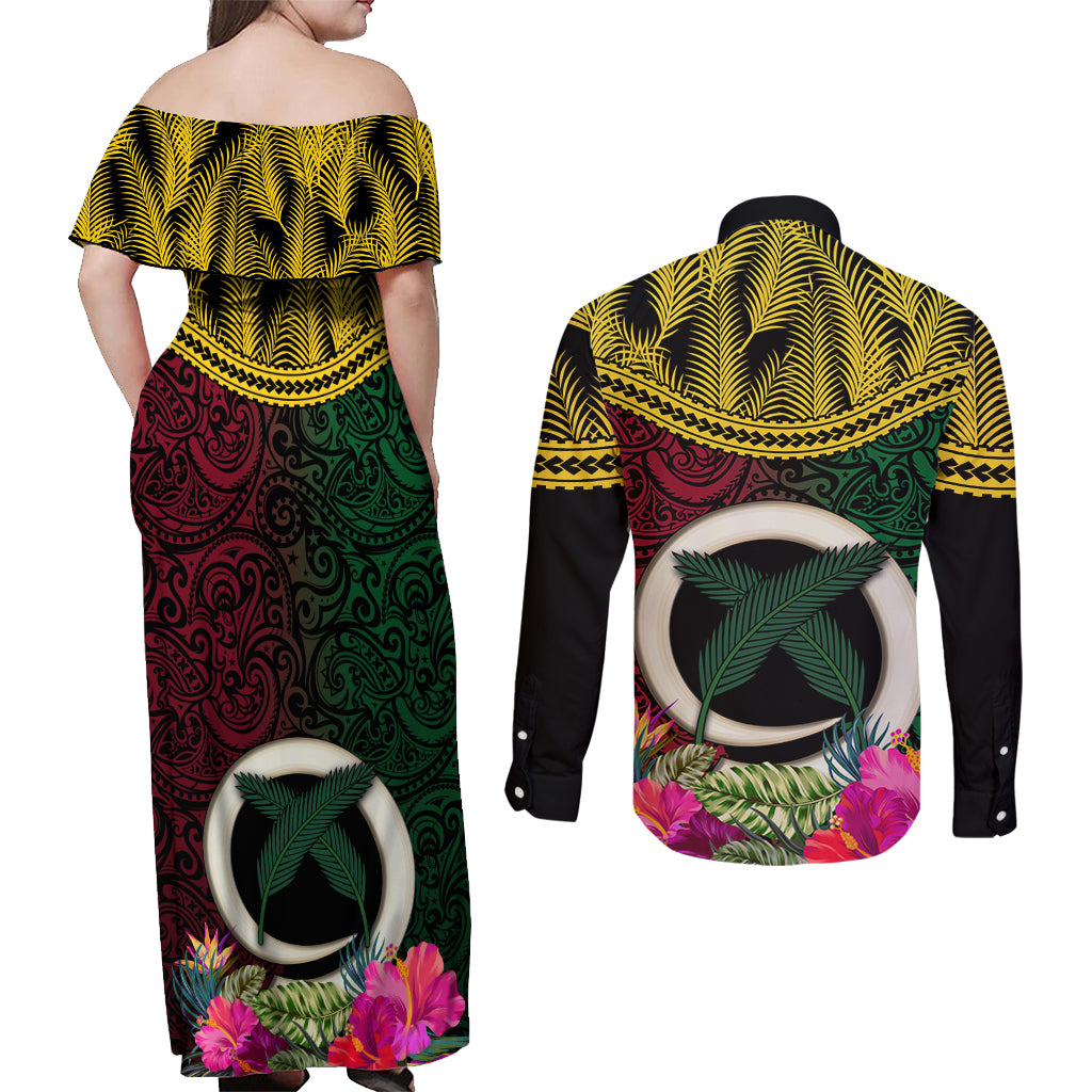 Vanuatu 44th Anniversary Independence Day Couples Matching Off Shoulder Maxi Dress and Long Sleeve Button Shirt Boars Tusk and Namele Plant LT03 - Polynesian Pride